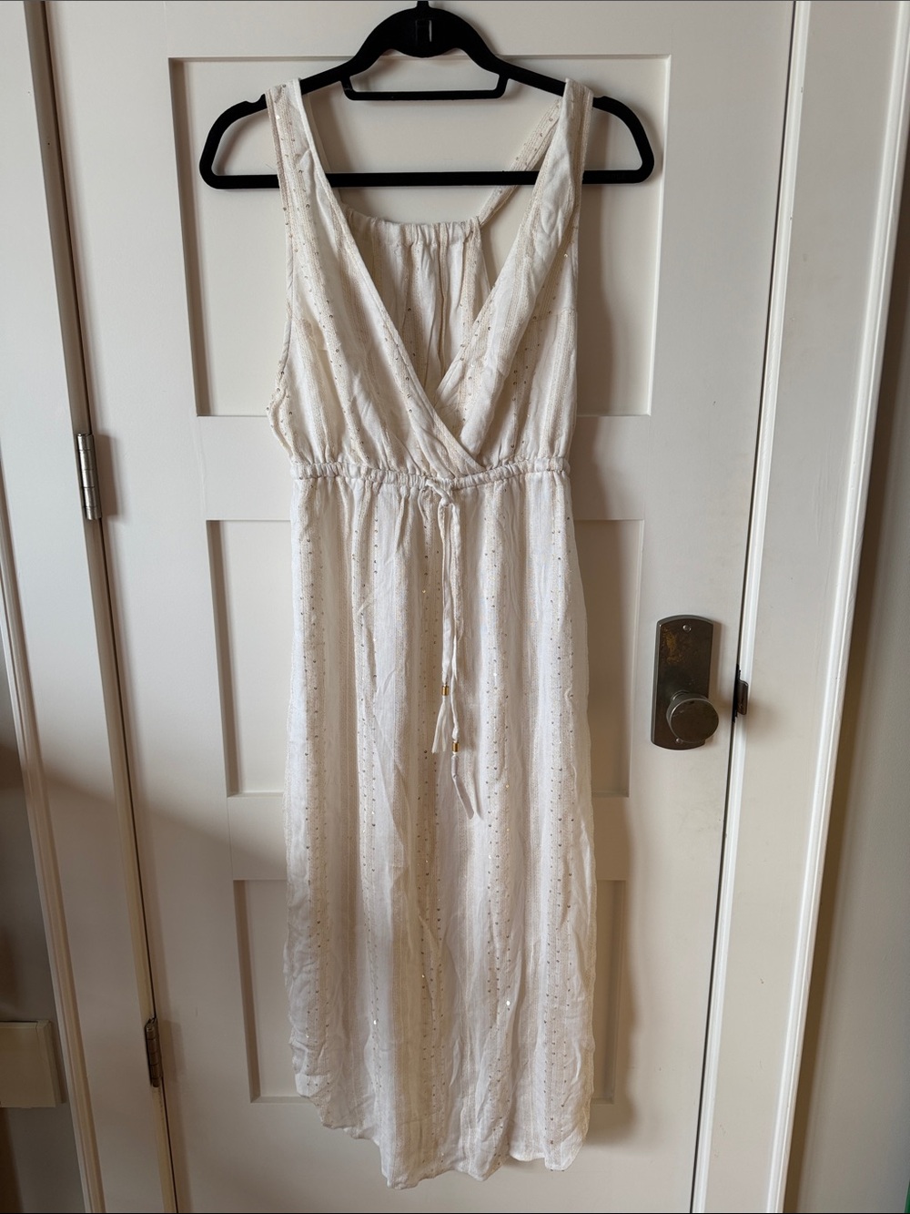 Light Cream Sleeveless Maxi Dress with Sequins, Slit and Drawstring Waist